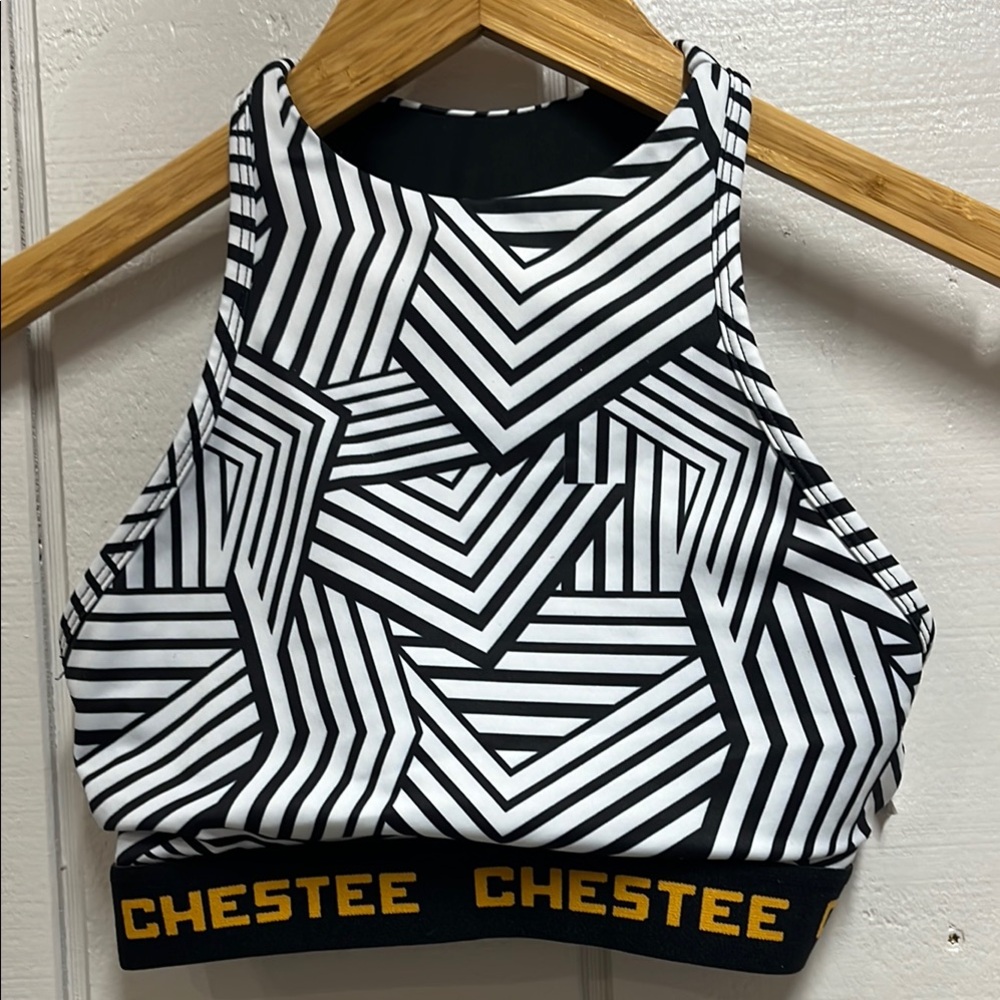 The Chestee Black and White Geometric Sports Bra